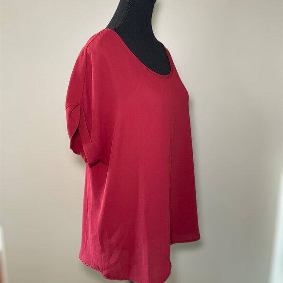 Pleione Women's Casual Designer Dark Red Short Sleeve Crew Neck Blouse - Picture 3 of 6